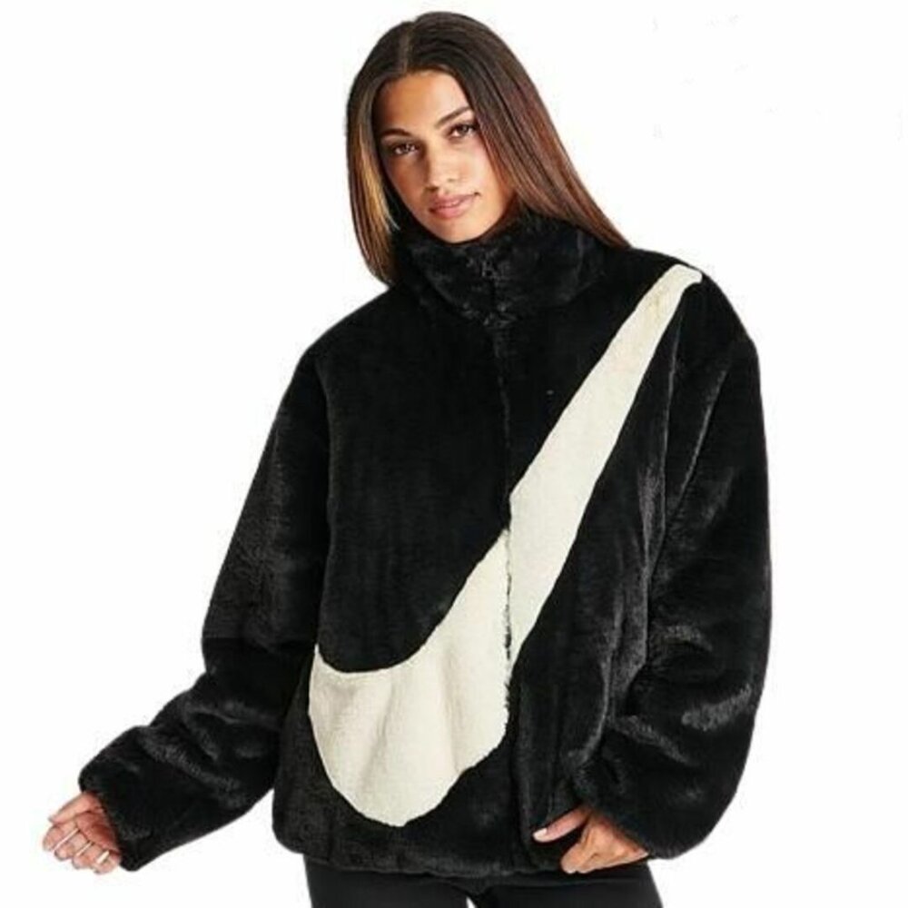 NIKE Faux Fur Plush Swoosh Teddy JACKET Size L Oversized Black Fossil Logo NEW - Picture 12 of 12